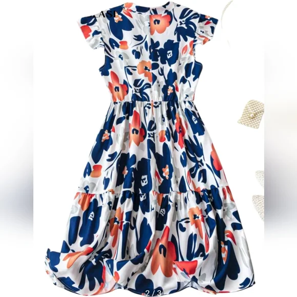 NWOT SHEIN Floral Print Midi Dress - Blue and Orange - Picture 2 of 4